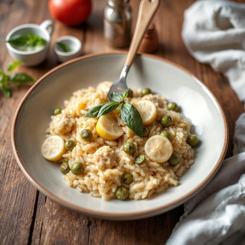Vegan risotto met asperges, romig en gezond, op een bord geserveerd met een frisse groene kleur van de asperges