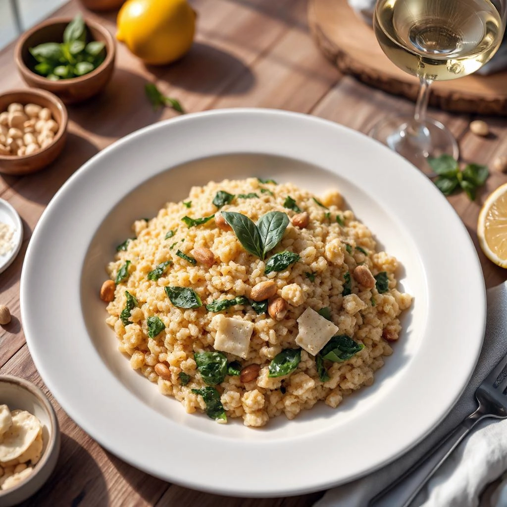 Romige vegan risotto met inuline, geserveerd in een diep bord, gegarneerd met geroosterde pijnboompitten, verse spinazie en citroenrasp.