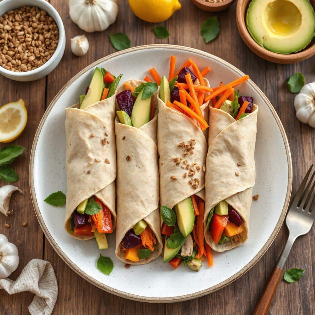 Een kleurrijke vegan wrap gevuld met linzenspread, gefermenteerde groenten, geraspte wortel en rode biet, plakjes avocado en lijnzaad.