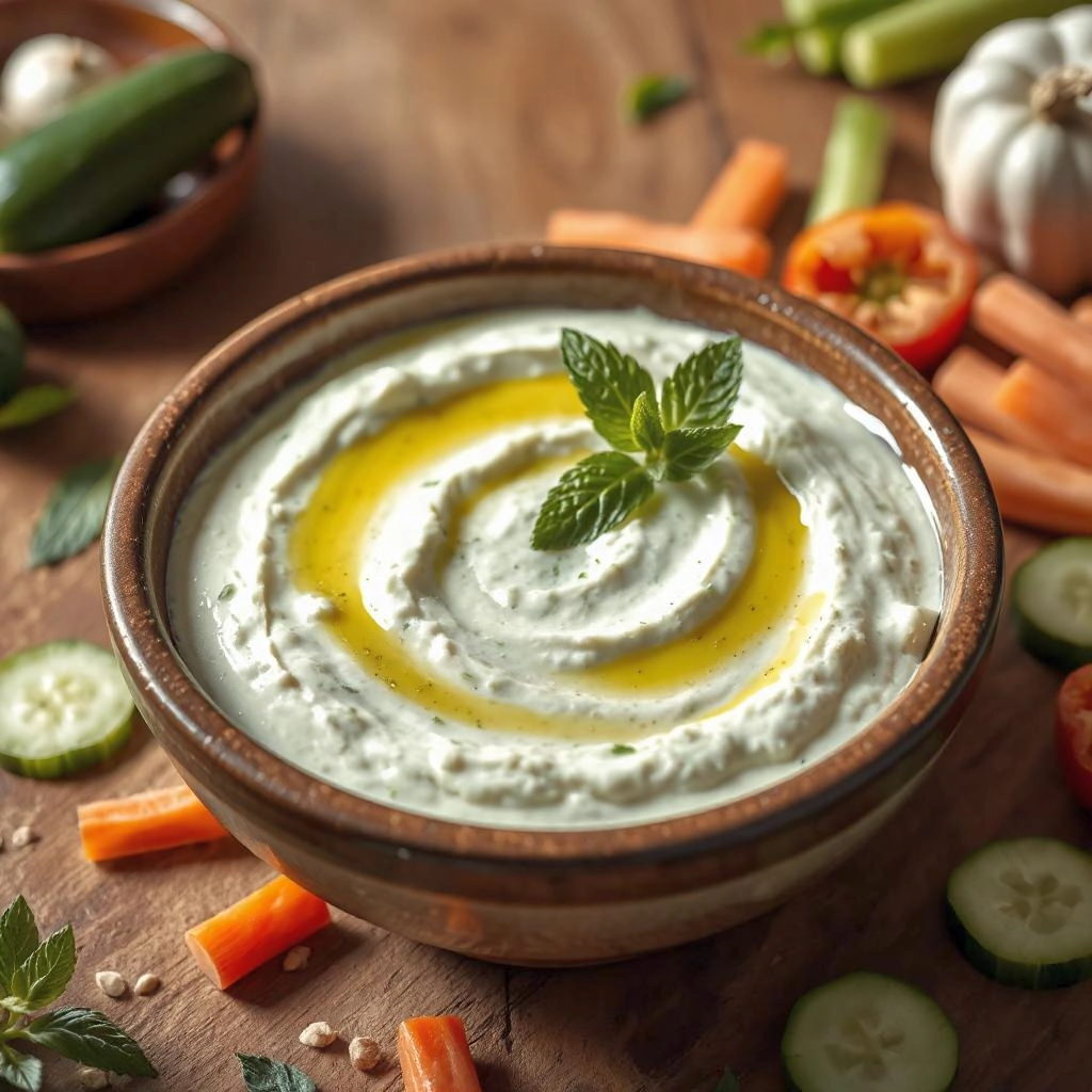 Een romige komkommer-munt yoghurtdip, gegarneerd met verse muntblaadjes, geserveerd in een kom met verse groentesticks ernaast.