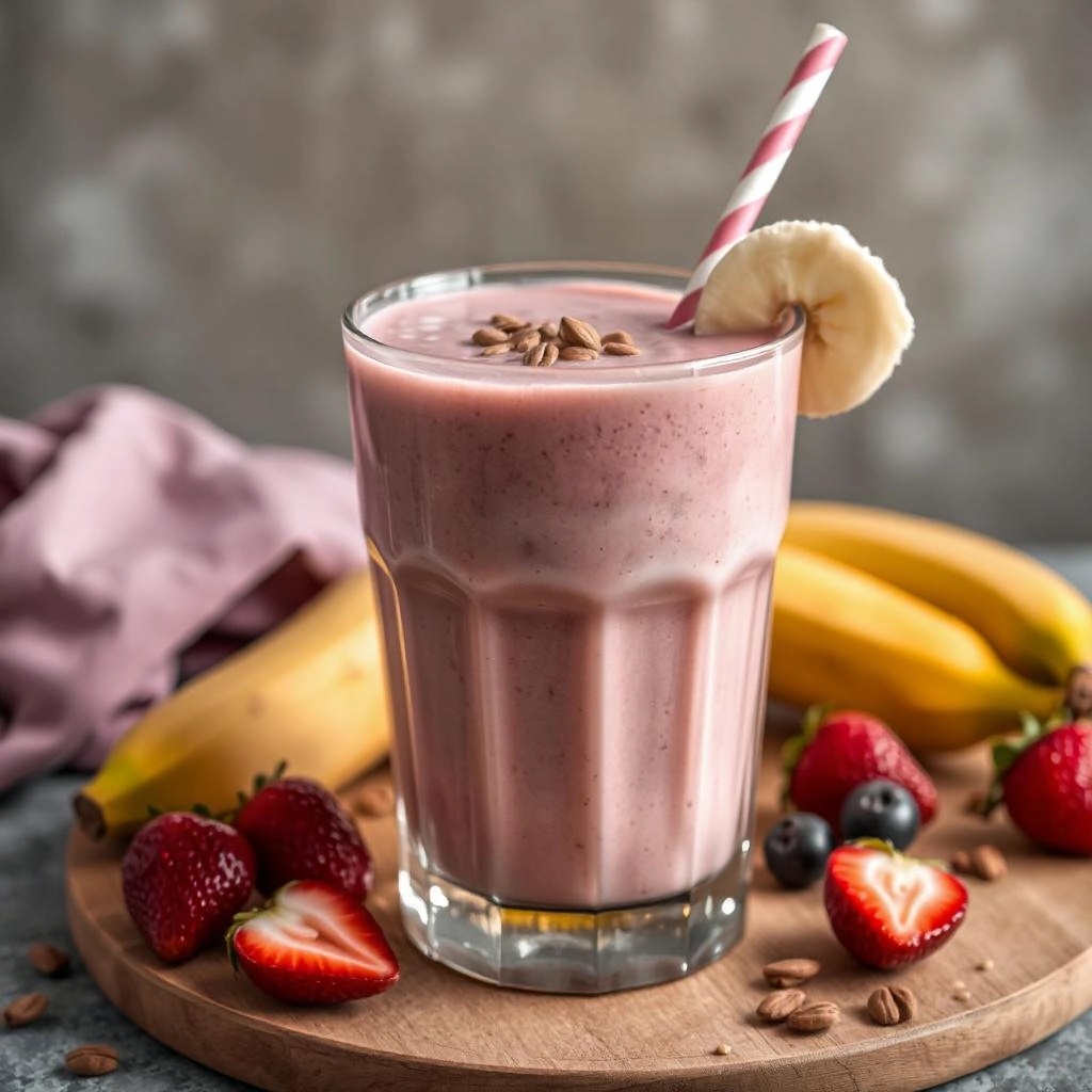 Een kleurrijke vegan smoothie in een glas, gemaakt met spinazie, banaan, amandelmelk, bevroren bessen, chitosanpoeder en kruiden, gegarneerd met verse bessen.
