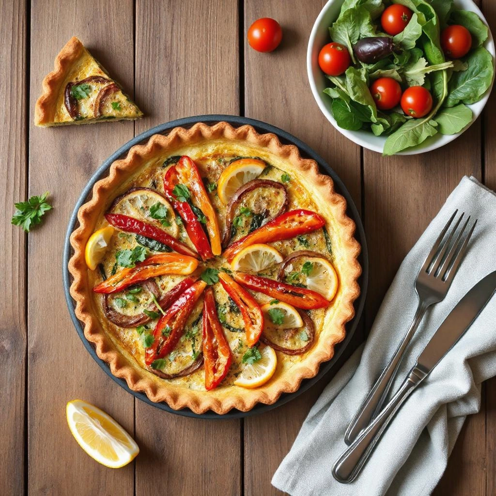 Een knapperige veganistische groentequiche met een goudbruine korst, gevuld met kleurrijke paprika, spinazie en een romige kikkererwtenvulling, gegarneerd met verse kruiden.