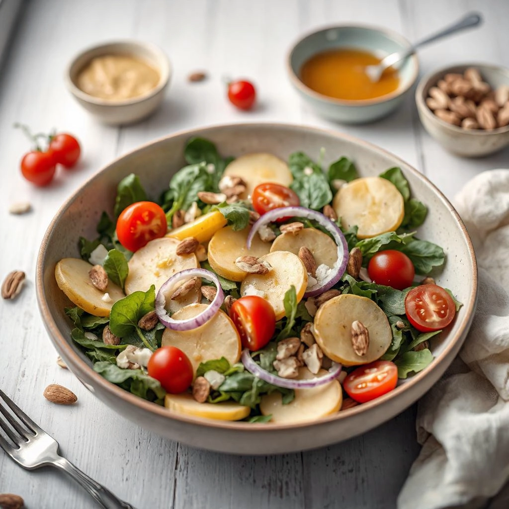 Een kleurrijke salade met dunne plakjes gekookte en afgekoelde aardappelen, rucola, cherrytomaten, rode ui, fijngehakte amandelen en kappertjes.