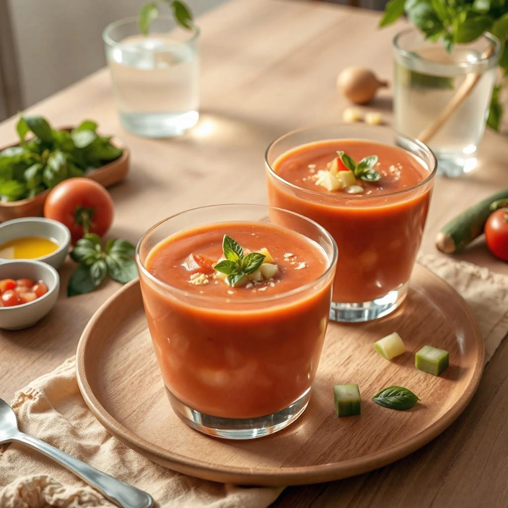 Een kleurrijke gazpacho in een kom, gemaakt van tomaten, komkommer en paprika, gegarneerd met stukjes komkommer, paprika, basilicumblaadjes en citroenrasp.