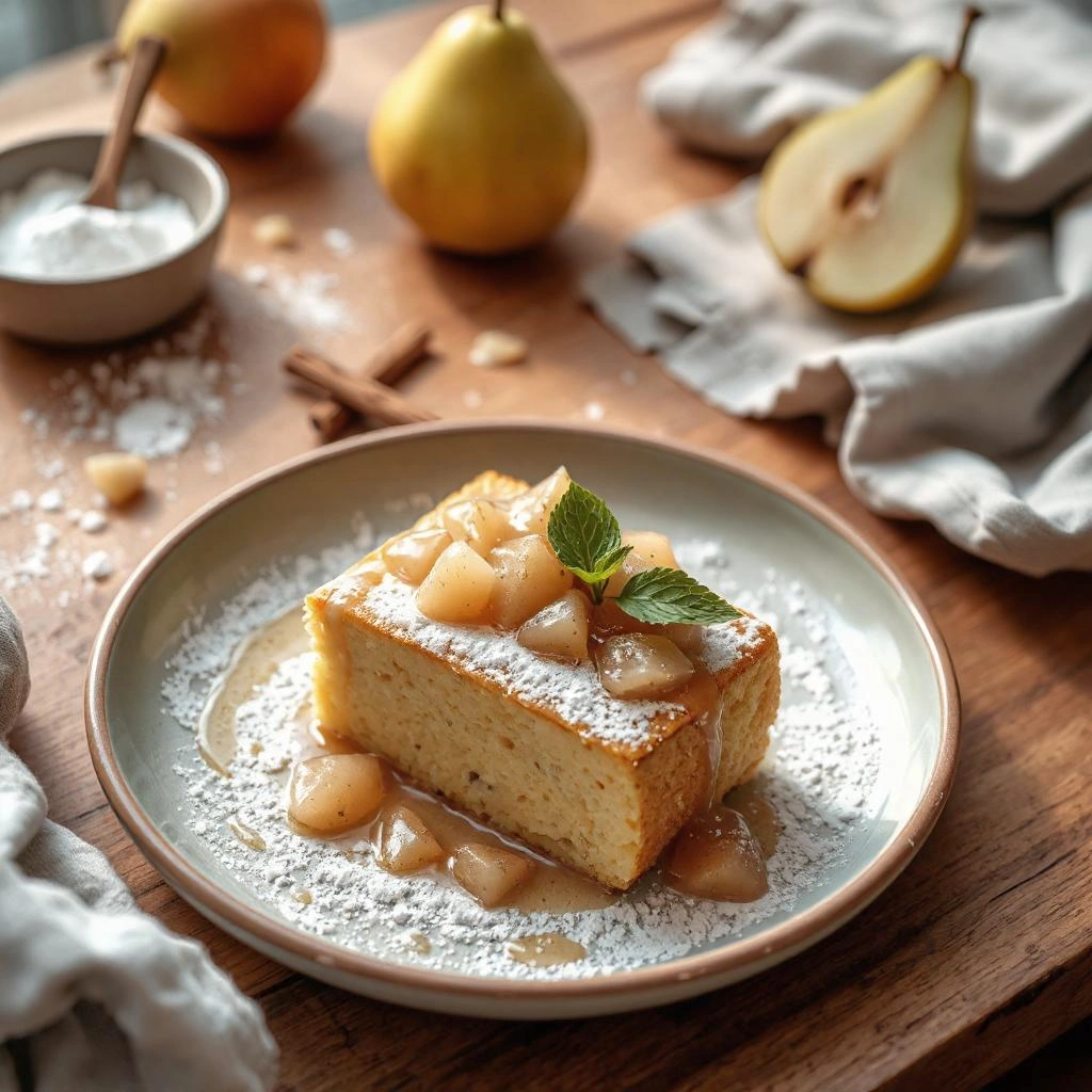 Zoete polenta cake met peer compote en een garnering van verse muntblaadjes, geserveerd op een bord.